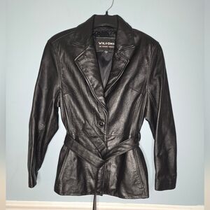 Wilsons Womens Vintage Black Leather Belted Coat Jacket Size Medium 90s Y2K